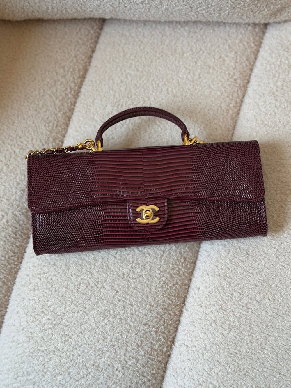 Chanel Burgundy East West Top Handle Lizard Embossed Leather Clutch | NIB